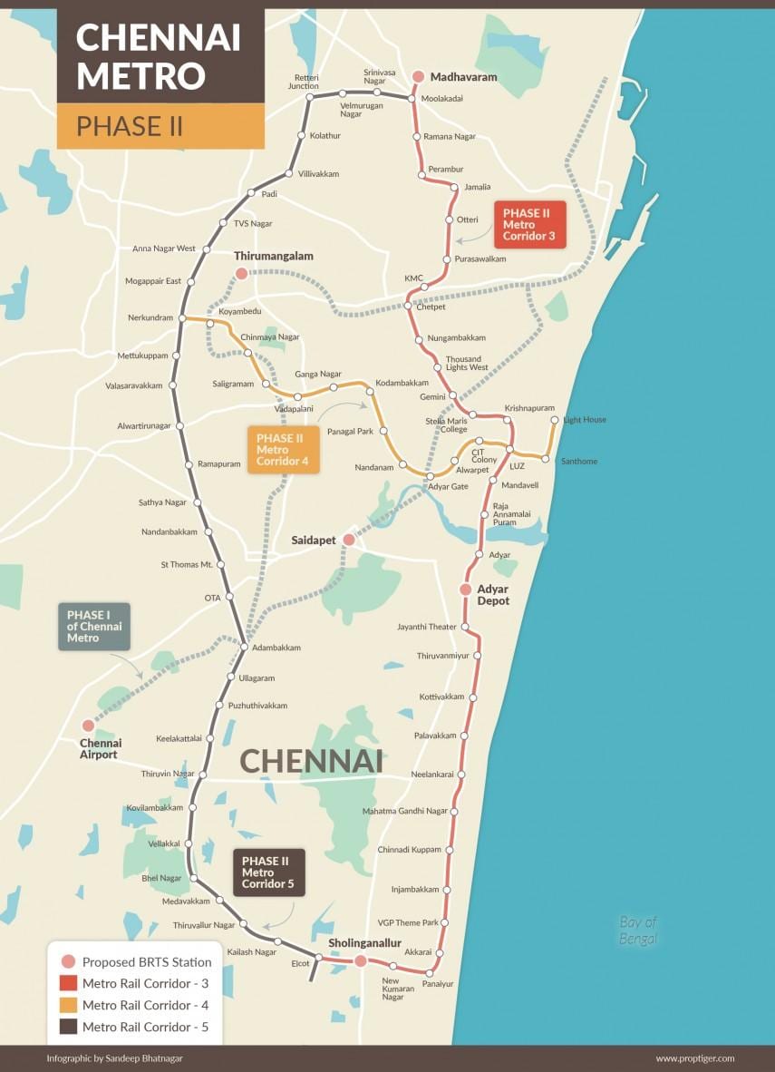 metro rail Chennai trasy mapa fáza 2