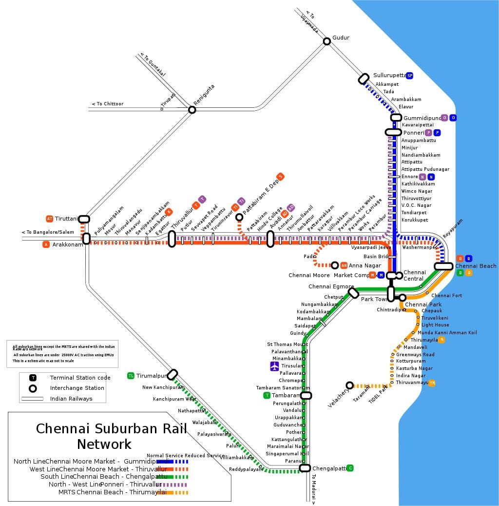 Chennai prímestskej železničnej mape